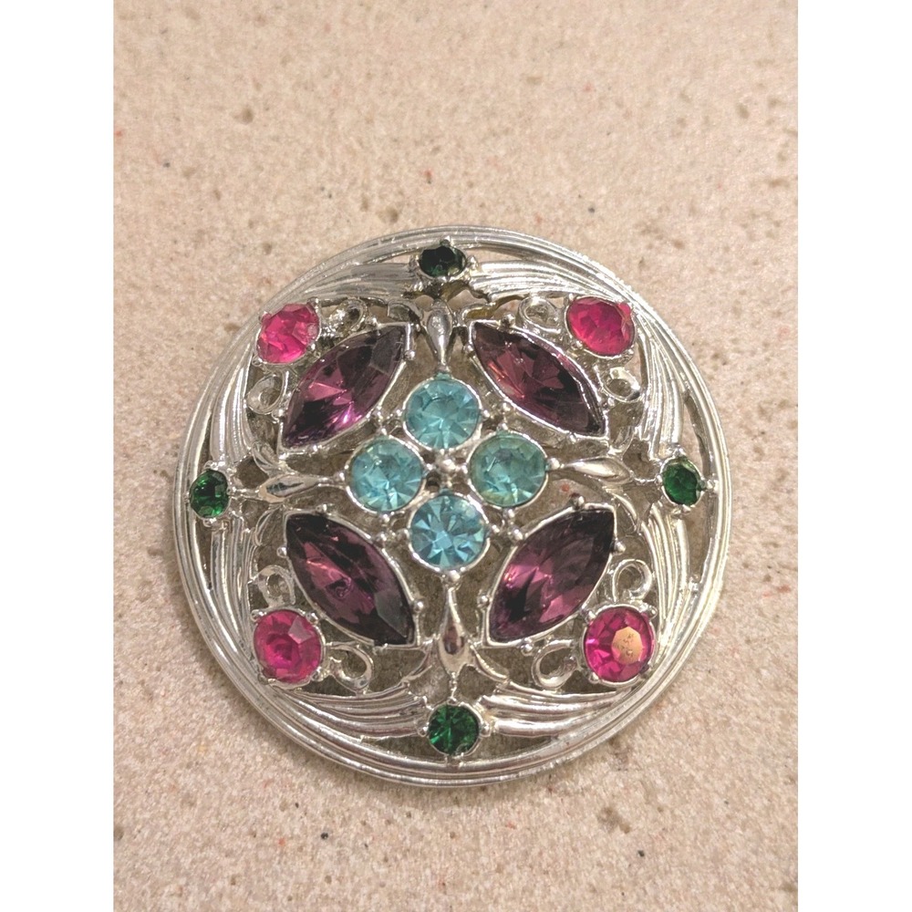 Sarah Coventry Rhinestone Brooch Silver Tone Round Pink Purple Teal Green Large